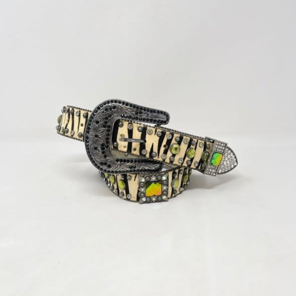 Nocona Western Belt Wms Large Leather Zebra‎ Striped Rhinestone Bling Rodeo